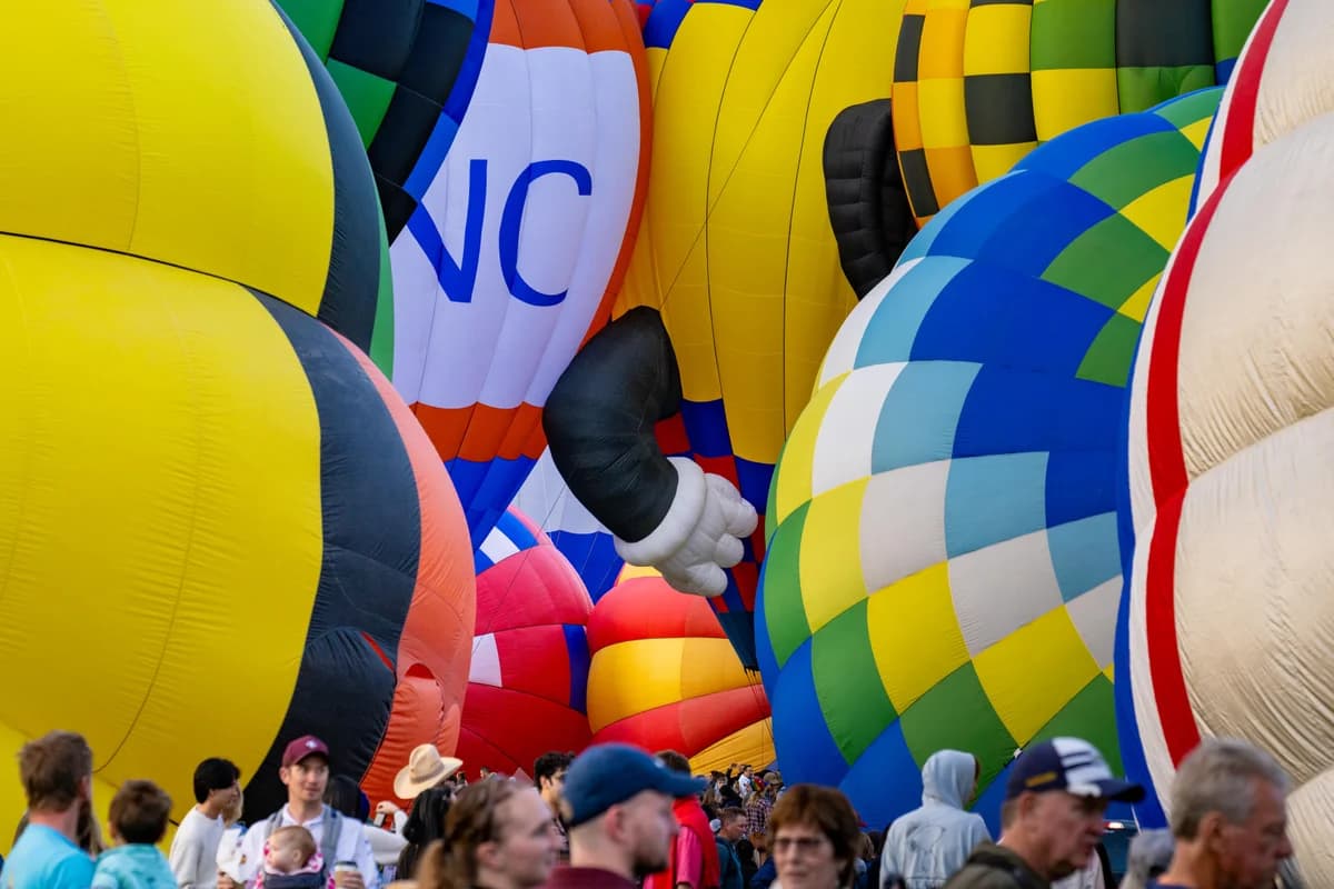 A vibrant hot air balloon festival scene filled with colorful balloons and enthusiastic crowds under a clear sky.